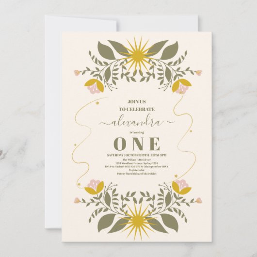 Vintager Celestial Botanical 1. Geburtstag Einladung (Vorderseite)