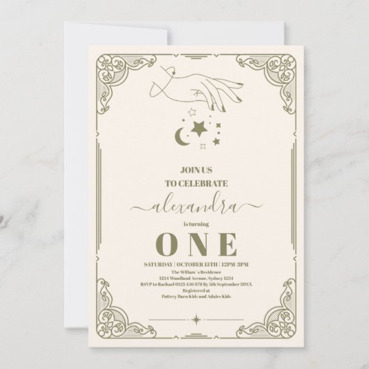 Vintager Celestial Botanical 1. Geburtstag Einladung (Vorderseite)