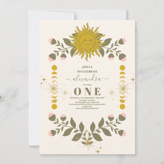 Vintager Celestial Botanical 1. Geburtstag Einladung (Vorderseite)