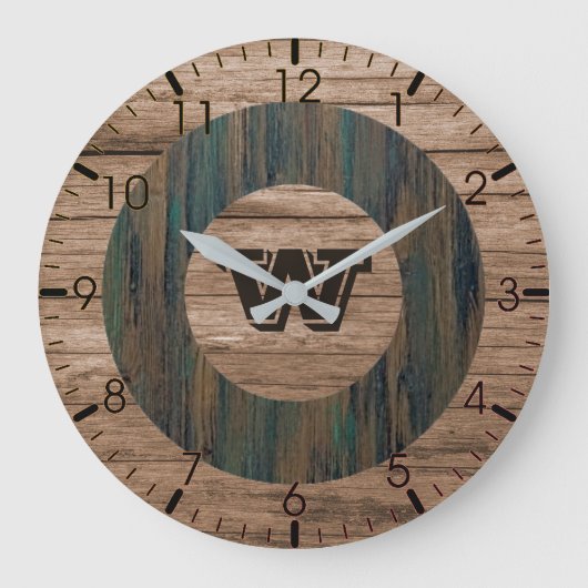 Vintager Charm Wood Grain - Mit Monogramm Große Wanduhr (Vorderseite)