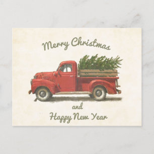 Vintager Charme: Roter LKW, der Weihnachtsbaum trä Postkarte