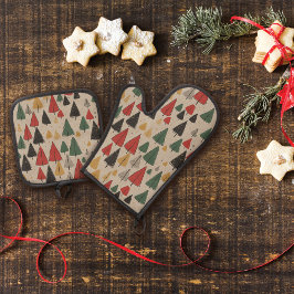 Vintager Charme: Weihnachtsbaummuster Ofenhandschuh & Topflappen-Set