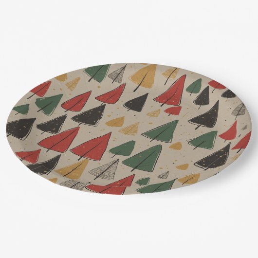 Vintager Charme: Weihnachtsbaummuster Pappteller (Schrägansicht)