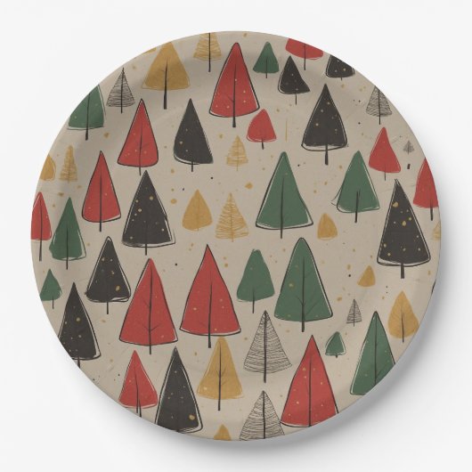 Vintager Charme: Weihnachtsbaummuster Pappteller (Vorderseite)