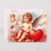 Vintager Cherub Engel mit rosa Rosen Postkarte (Vorne/Hinten)
