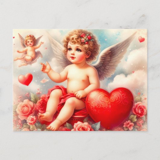 Vintager Cherub Engel mit rosa Rosen Postkarte (Vorderseite)