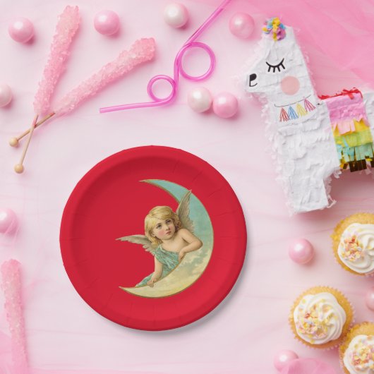 Vintager Cherub in Crescent Moon Pappteller (Party)