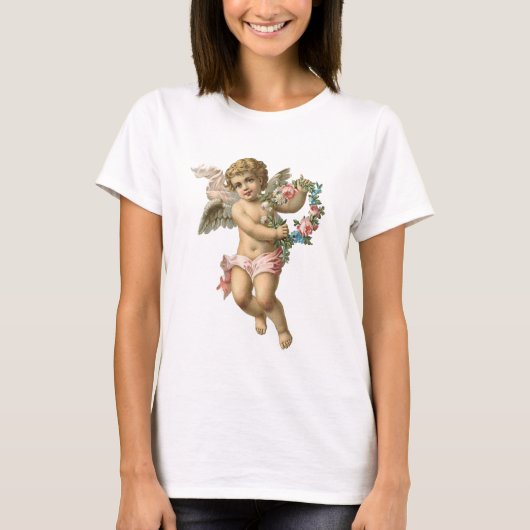 Vintager Cherub mit blumengeschmücktem Shabby Chic T-Shirt (Vorderseite)