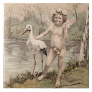 Vintager Cherub mit Storch am See Fliese