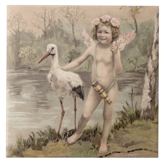 Vintager Cherub mit Storch am See Fliese (Vorderseite)