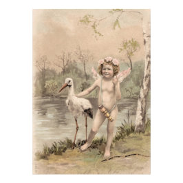 Vintager Cherub mit Storch am See Fotodruck