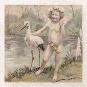 Vintager Cherub mit Storch am See Glasuntersetzer