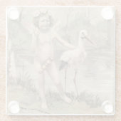 Vintager Cherub mit Storch am See Glasuntersetzer (Rückseite)
