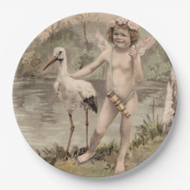Vintager Cherub mit Storch am See Pappteller