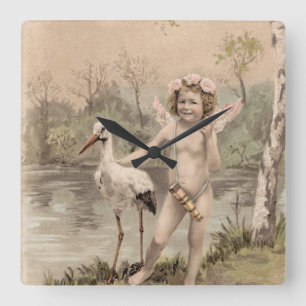 Vintager Cherub mit Storch am See Quadratische Wanduhr