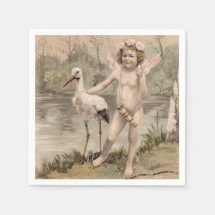 Vintager Cherub mit Storch am See Serviette