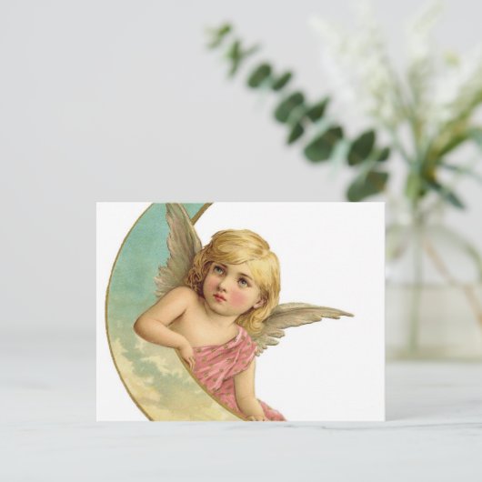 Vintager Cherub und Cresent Moon Postkarte (Stehend Vorderseite)
