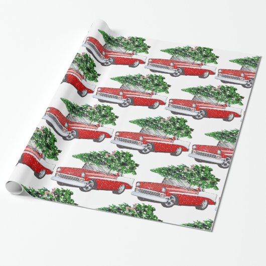 Vintager Chevy mit Weihnachtsbaum Geschenkpapier (Ungerollt)