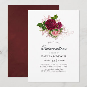 Vintager Chic Blush und Burgund Blumenquinceñera Einladung