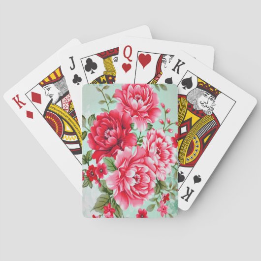 Vintager Chic-rotes rosa Blumen Spielkarten (Rückseite)