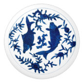 Vintager chinesischer Koi Fisch Blau Keramikknauf (Vorderseite)