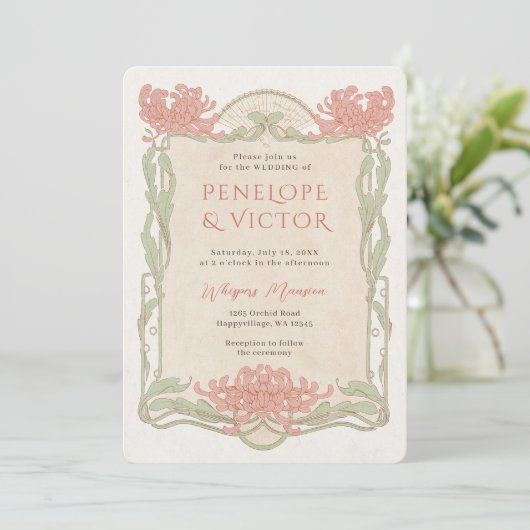 Vintager Chrysanthemum Rahmen Hochzeitsempfang Einladung (Stehend Vorderseite)