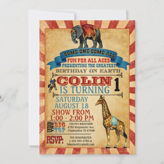 Vintager Circus Geburtstagsparty Einladung (Vorderseite)