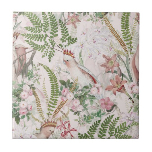 Vintager Cockatojungle Muster Blush Fliese (Vorderseite)