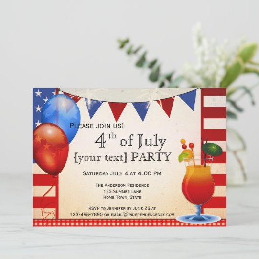 Vintager Cocktail 4. Juli Party Einladung (Stehend Vorderseite)
