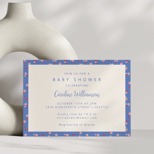 Vintager Cocktail Blue Red Floral Baby Dusche Einladung