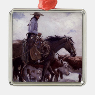 Vintager Cowboy mit Seiner Herde Rinder von Koerne Silbernes Ornament