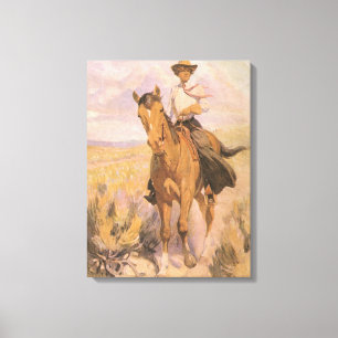 Vintager Cowgirl-Cowboy, Frau auf Pferd durch Leinwanddruck