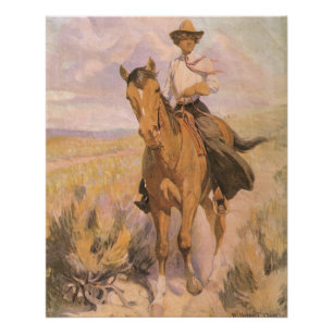 Vintager Cowgirl-Cowboy, Frau auf Pferd durch Poster