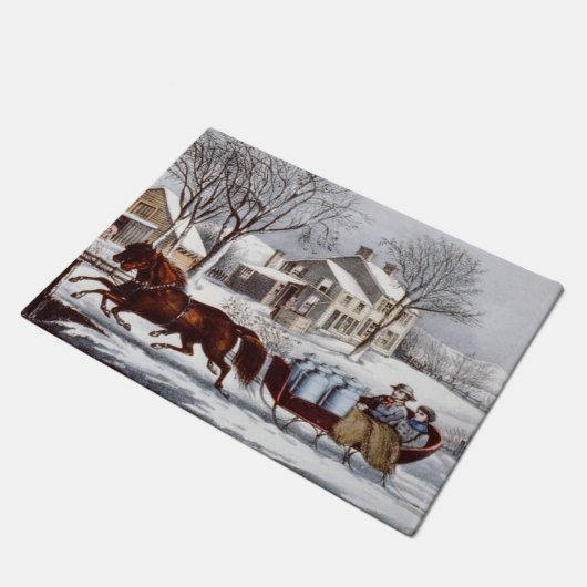 Vintager Currier & Ives Winter Schlitten Fußmatte (Schrägansicht)