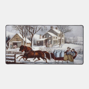 Vintager Currier & Ives Winter Schlitten Schreibtischunterlage