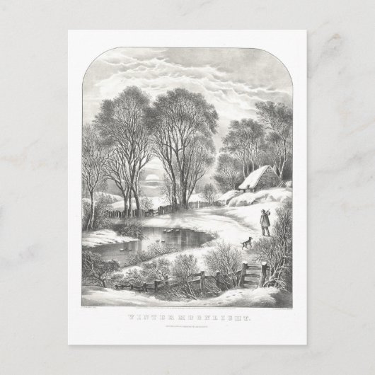 Vintager Currier & Ives Wintermondlichtlithograph Postkarte (Vorderseite)
