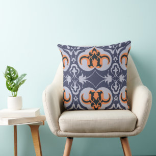 Vintager Damask - Blaues Orangefarbenes elegantes Kissen