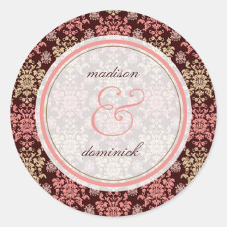 Vintager Damask Pink Lace Elegante Hochzeitsaufkle Runder Aufkleber