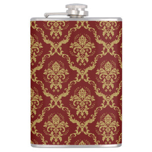 Vintager Damast aus Rot und Gold Flachmann