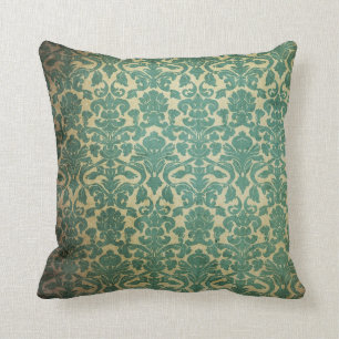 Vintager Damast des blauen Grüns Kissen