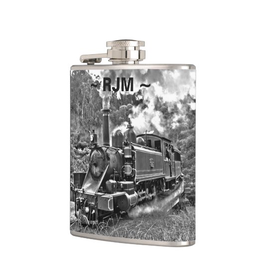 Vintager Dampf-Zug-Schwarzweiss-Motor Flachmann (Links)