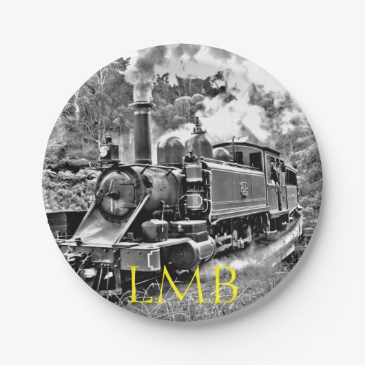 Vintager Dampf-Zug-Schwarzweiss-Motor Pappteller (Vorderseite)