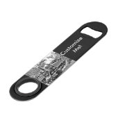 Vintager Dampf-Zug-Schwarzweiss-Motor Speedflaschenöffner (Vorderseite Schrägansicht)