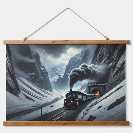 Vintager Dampfzug aus einem Bergtunnel Wandteppich Mit Holzrahmen (Vorne)