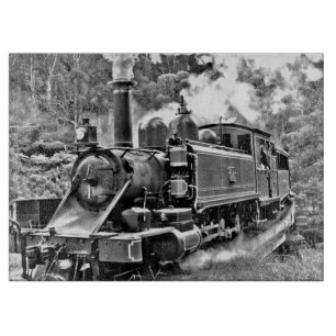 Vintager Dampfzug in Schwarz/Weiß Motor Schneidebrett