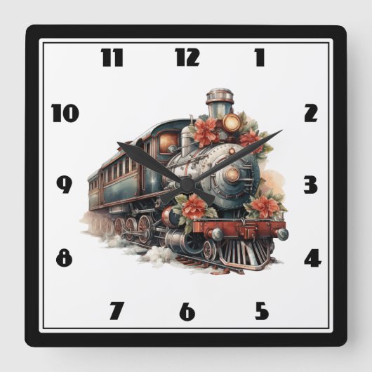 Vintager Dampfzug Traditionelle Weihnachtsfeiertag Quadratische Wanduhr (Vorderseite)