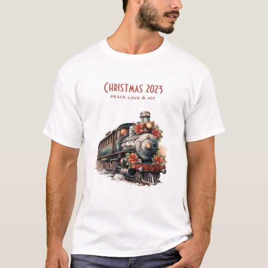 Vintager Dampfzug Traditionelle Weihnachtsfeiertag T-Shirt (Vorderseite)