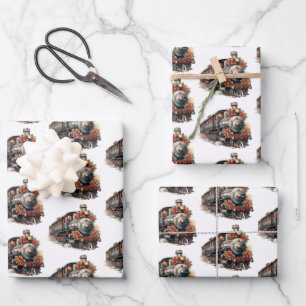 Vintager Dampfzug Traditionelles Weihnachtsmuster Geschenkpapier Set