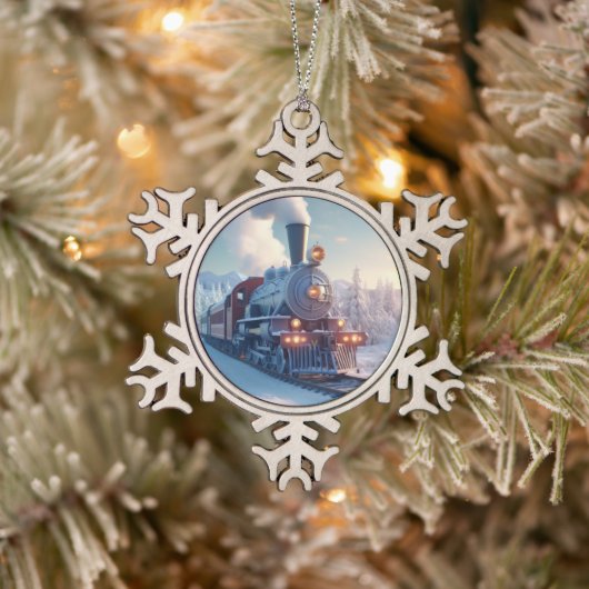 Vintager Dampfzug Winterlandschaft Schneeberg Schneeflocken Zinn-Ornament (Baum)