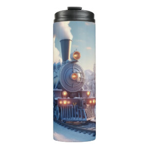 Vintager Dampfzug Winterlandschaft Schneeberg Thermosbecher